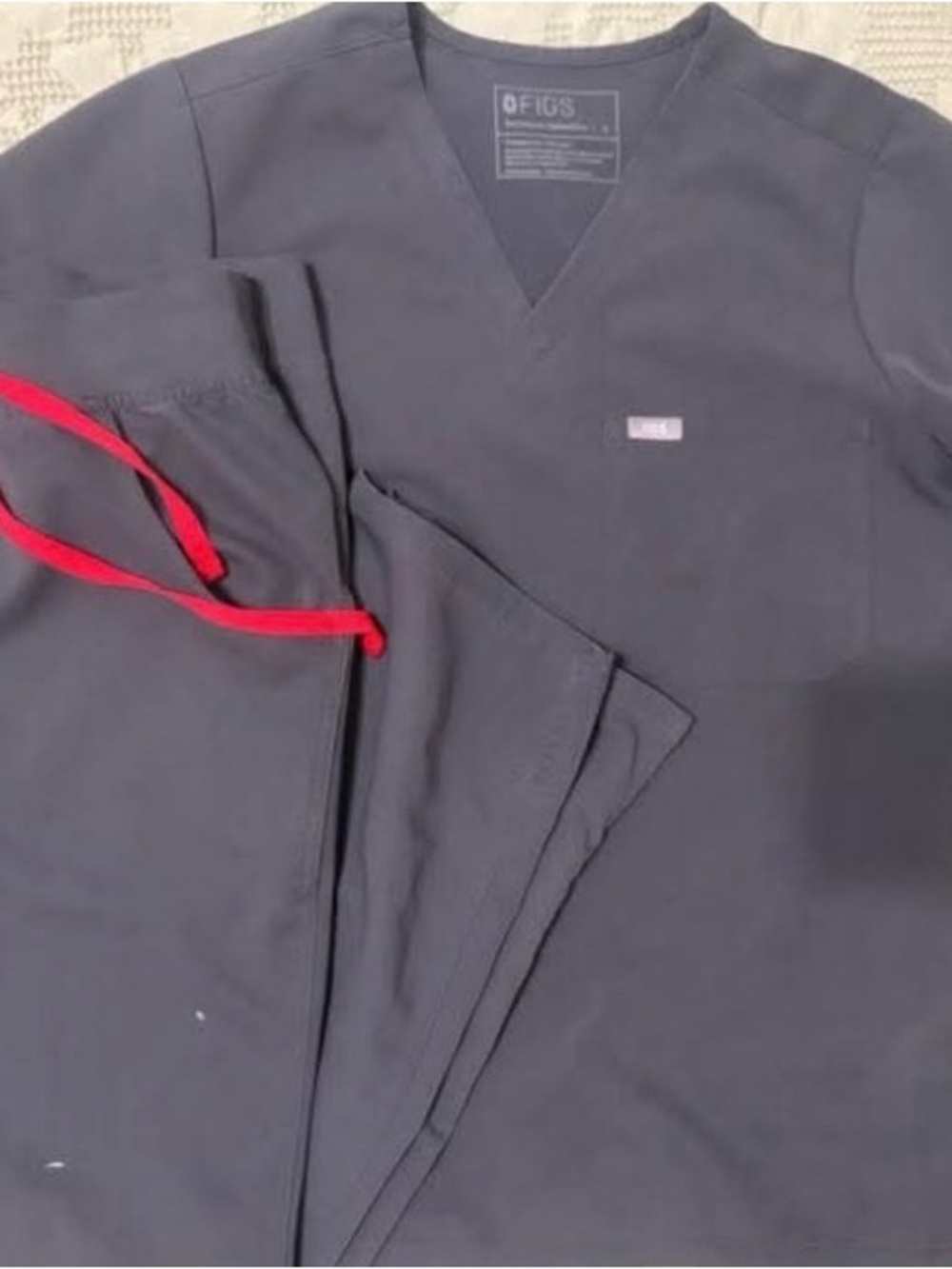 Figs Charcoal Scrub Top and Pants with Red Drawstring